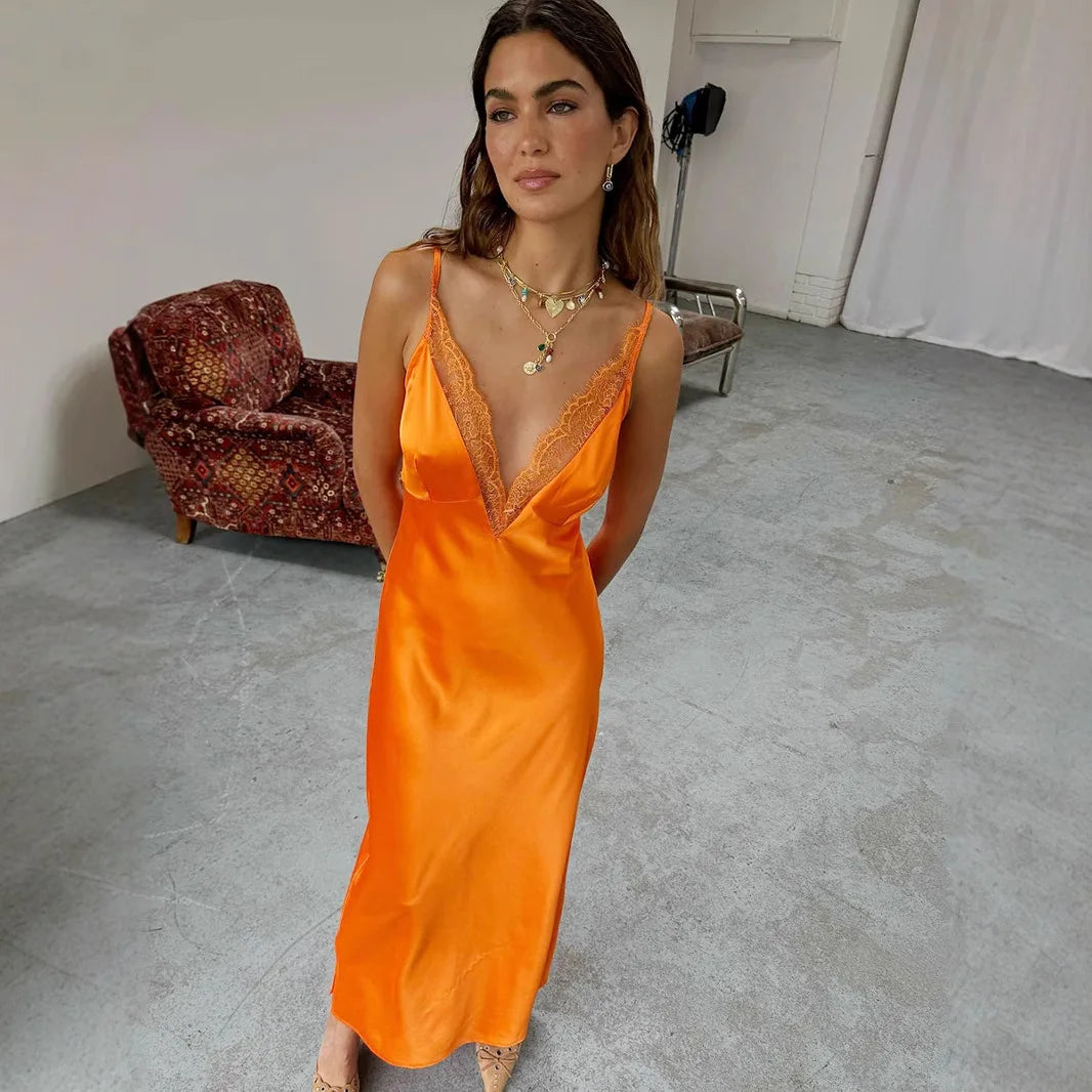 Glorol - Lace Spaghetti Strap Deep V Neck Bodycon Maxi Dress