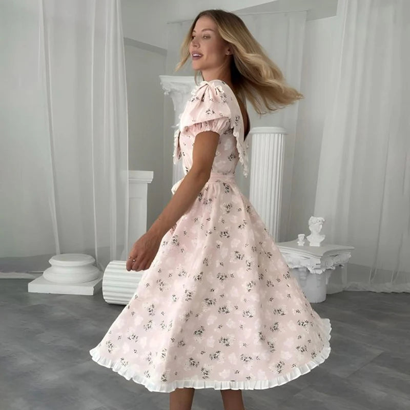 Glorol - Printed Short Sleeve Lace-Up Midi Dress