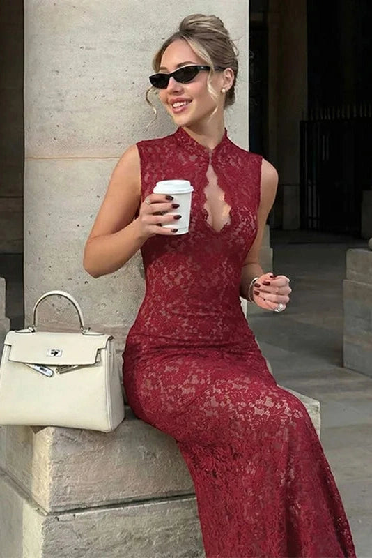 Glorol - Hollow Out Lace Sleeveless Slim Maxi Dress