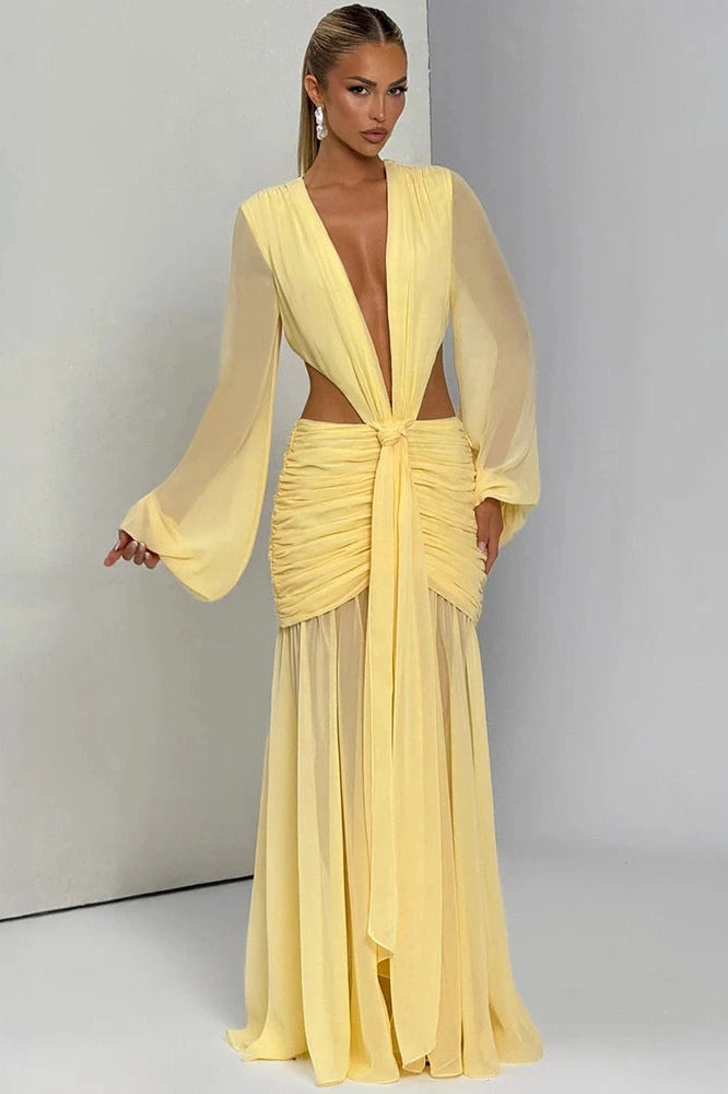 Glorol - Hollow Out Deep V Neck Long Sleeve Backless Maxi Dress