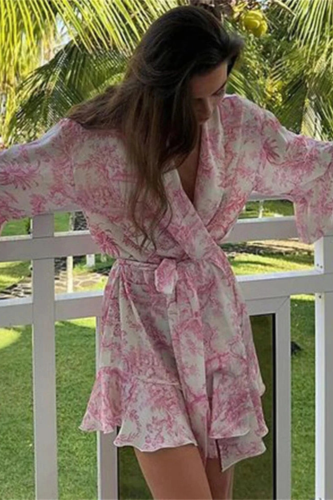 Glorol - Printed Lace-Up V-Neck Patchwork Mini Dress