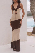 Glorol - Hollow Out Sleeveless Stripe Print V-Neck Maxi Dress