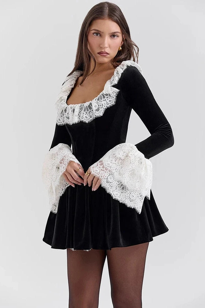 Glorol - Lace Flare Long Sleeve High Waist Pleated Mini Dress