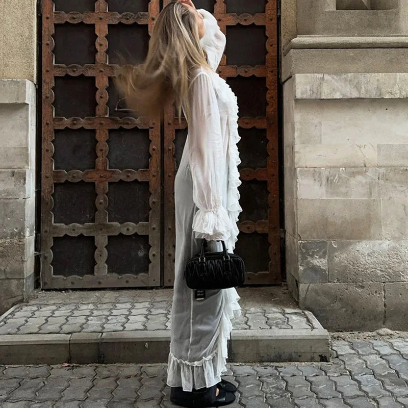 Glorol - See Through Lace Up Patchwork Maxi Dress
