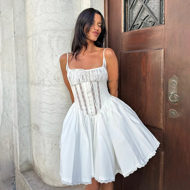 Glorol - Lace Square Collar Slim A-Line Mini Dress