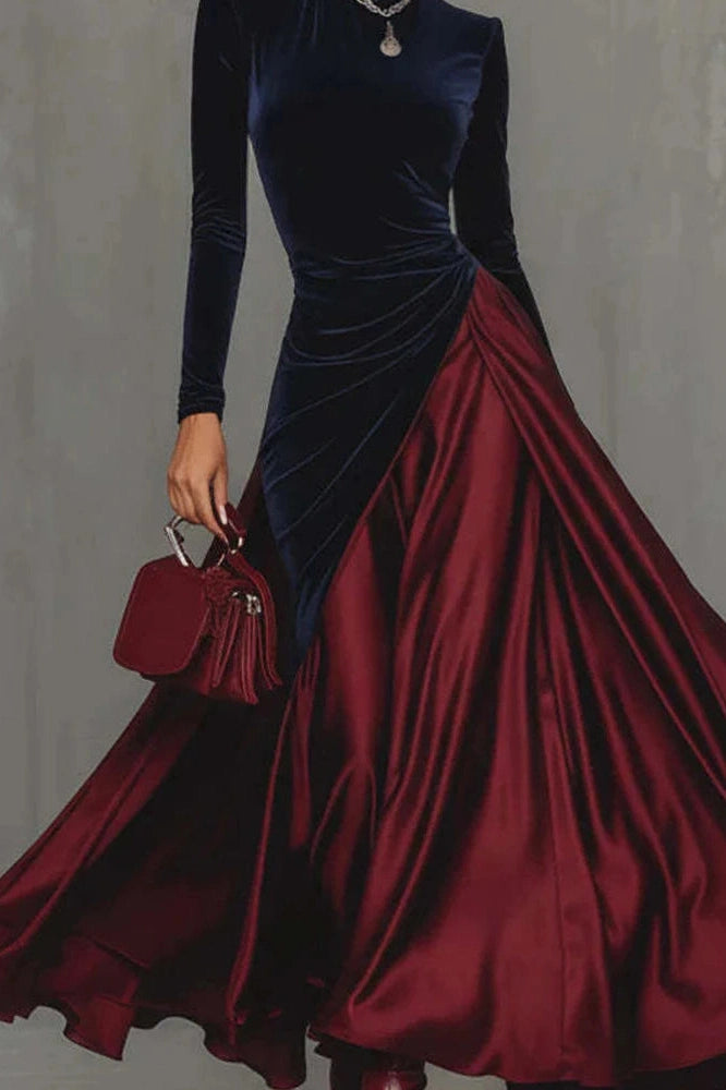Glorol - Elegant High Waist Pleated Slim Long Sleeve Maxi Dress