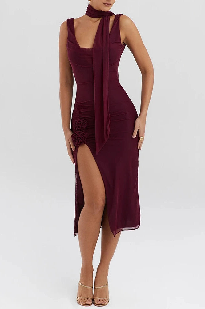 Glorol - Elegant Flower High Split Sleeveless Backless Midi Dress