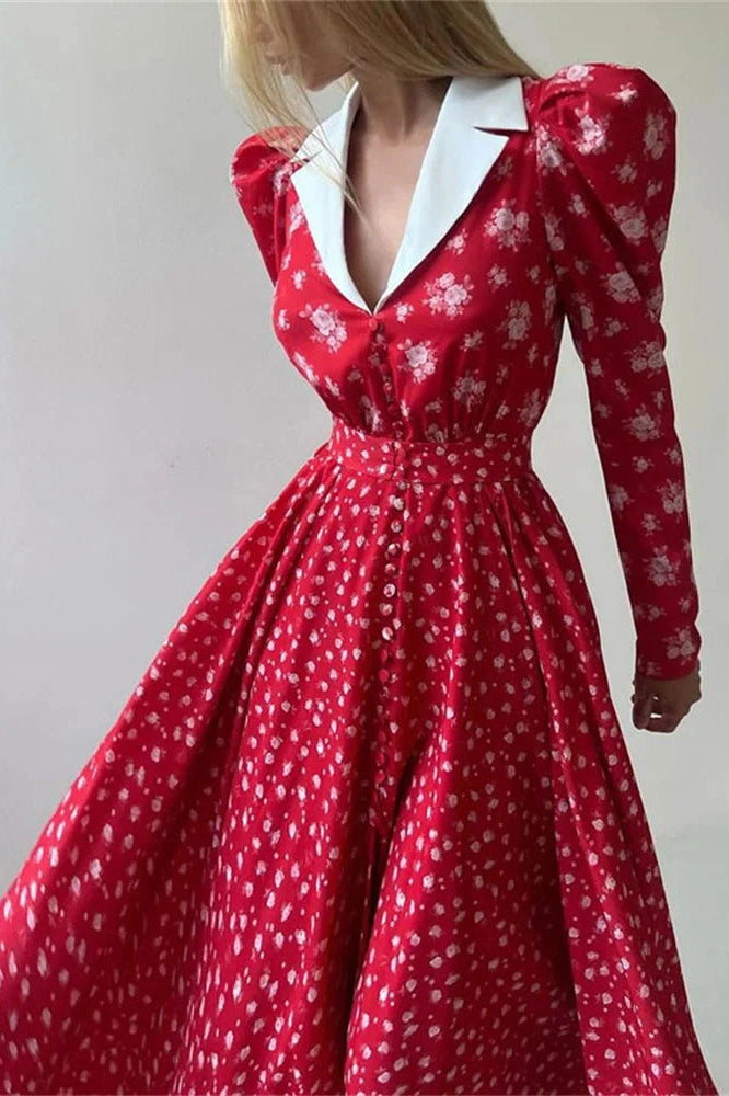 Glorol - Printed V-Neck Patchwork Long Sleeve High Waist Midi Dress