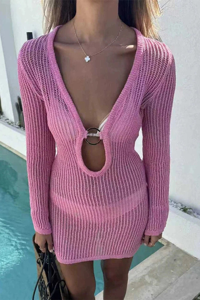 Elegant High Waist See-Through V-Neck Mesh Slim Mini Dress