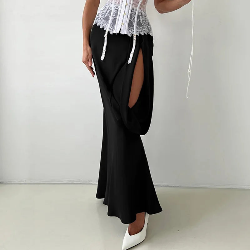 Glorol - High Waist Hollow Out Patchwork See-Through Skirt
