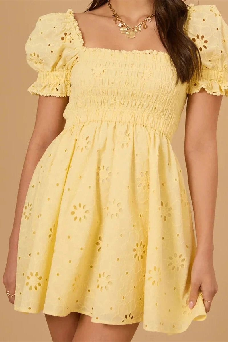 Glorol - Puff Sleeve Square Neck A-Line Mini Dress