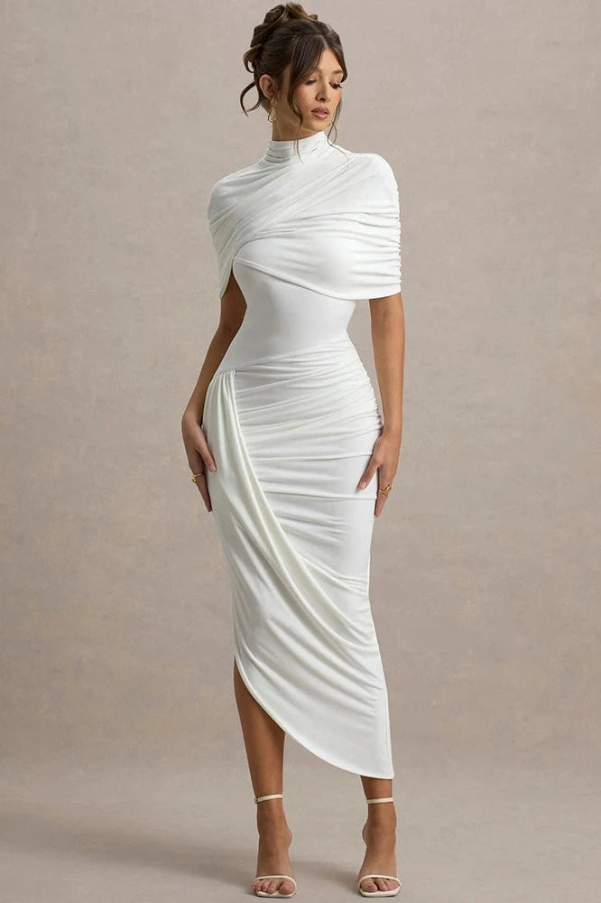 Glorol - Half Sleeve Backless Turtleneck Slim High Waist Midi Dress