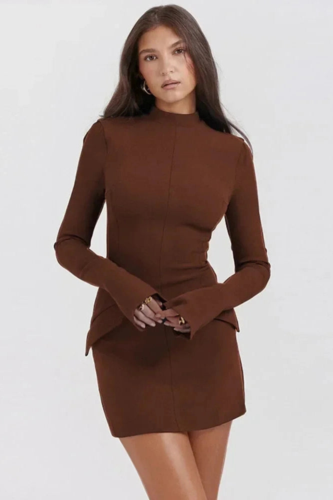 Glorol - Elegant Slim Two Pocket Long Sleeve A-Line Mini Dress