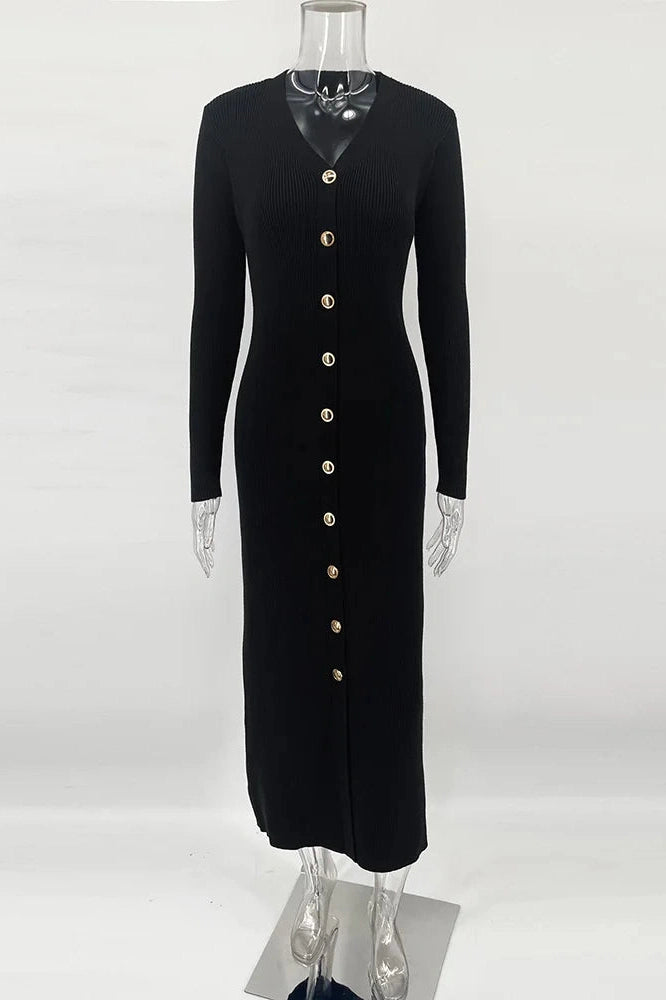 Glorol - Elegant Long Sleeve Knitted Slim Midi Dress