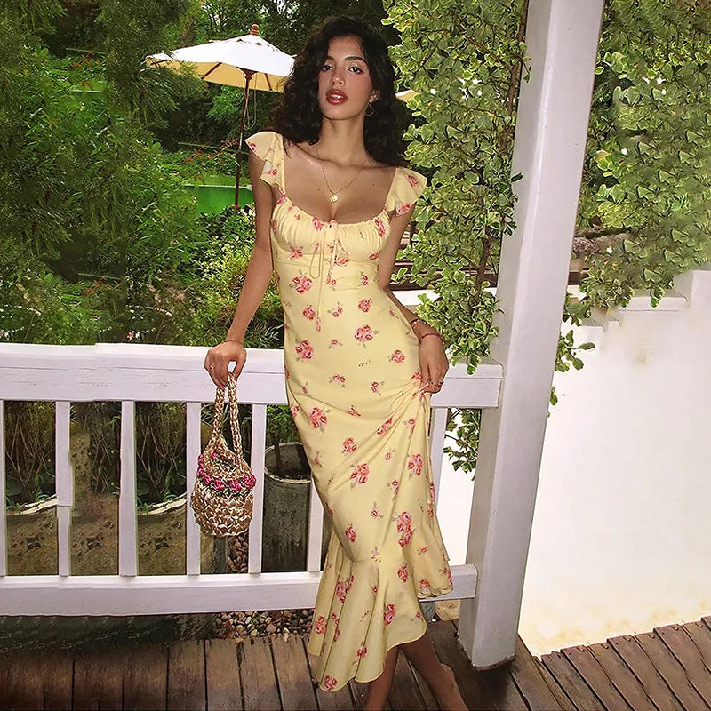 Glorol - Printed Sleeveless Square Collar Slim Maxi Dress
