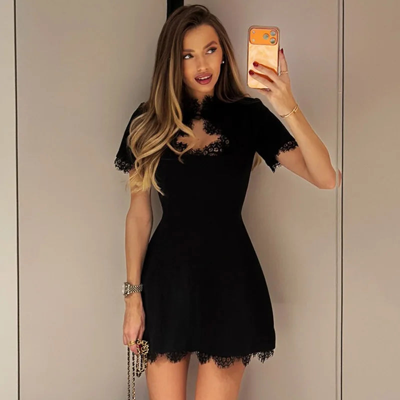 Glorol - Lace Patchwork Hollow Out High Waist Mini Dress