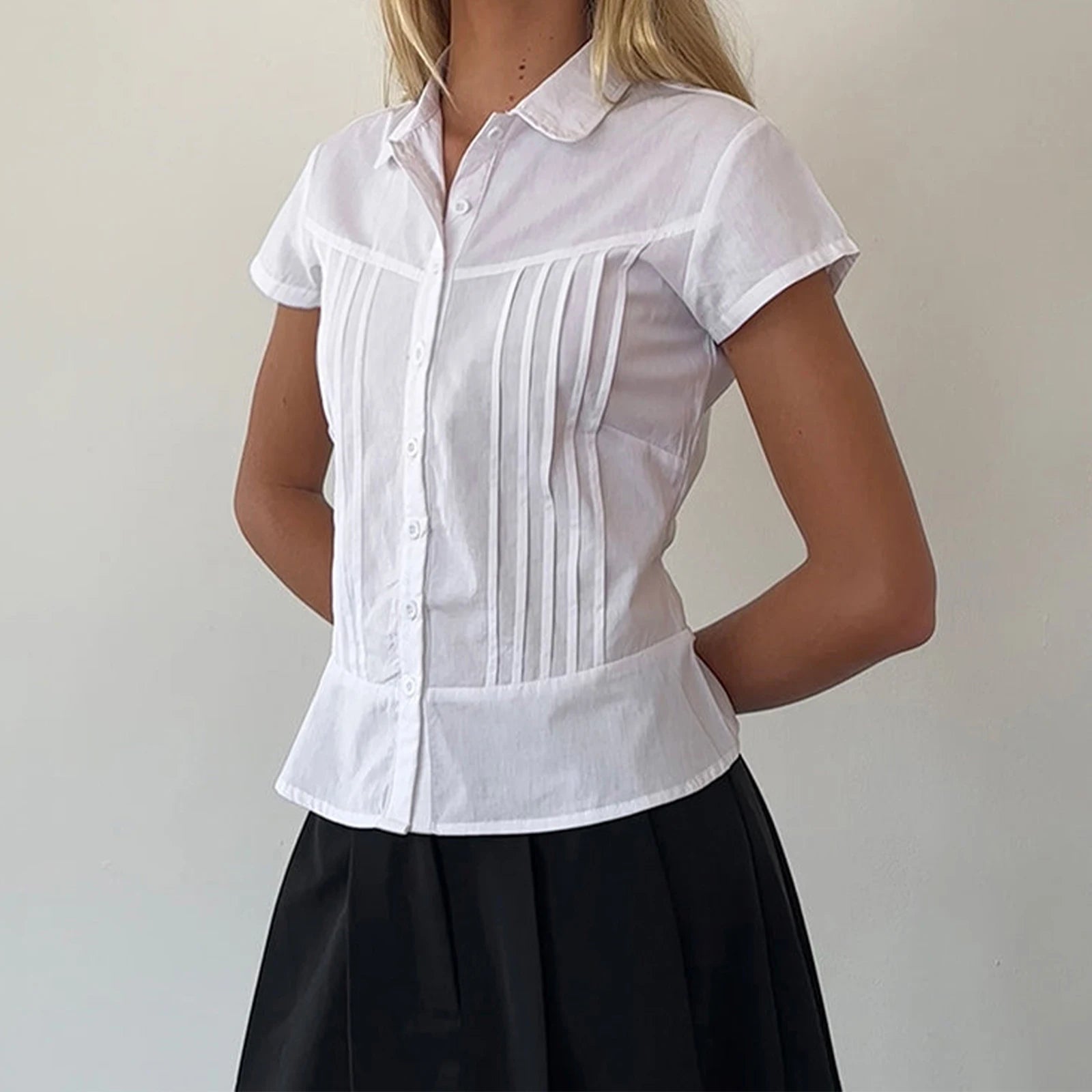 Glorol - Short Sleeve Button-Down Pleated Slim Fit Top
