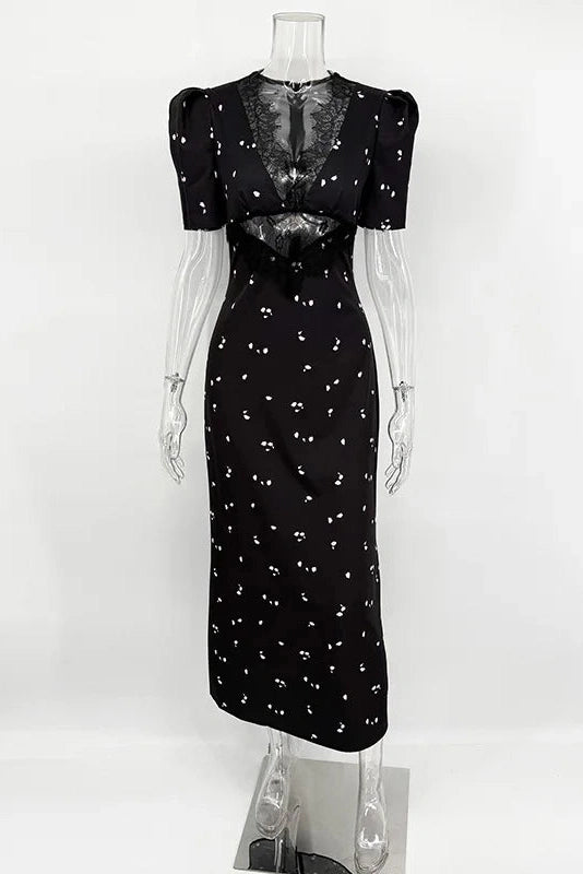 Glorol - Hollow Lace Short Sleeve High Waist Slim Printed Maxi Dress