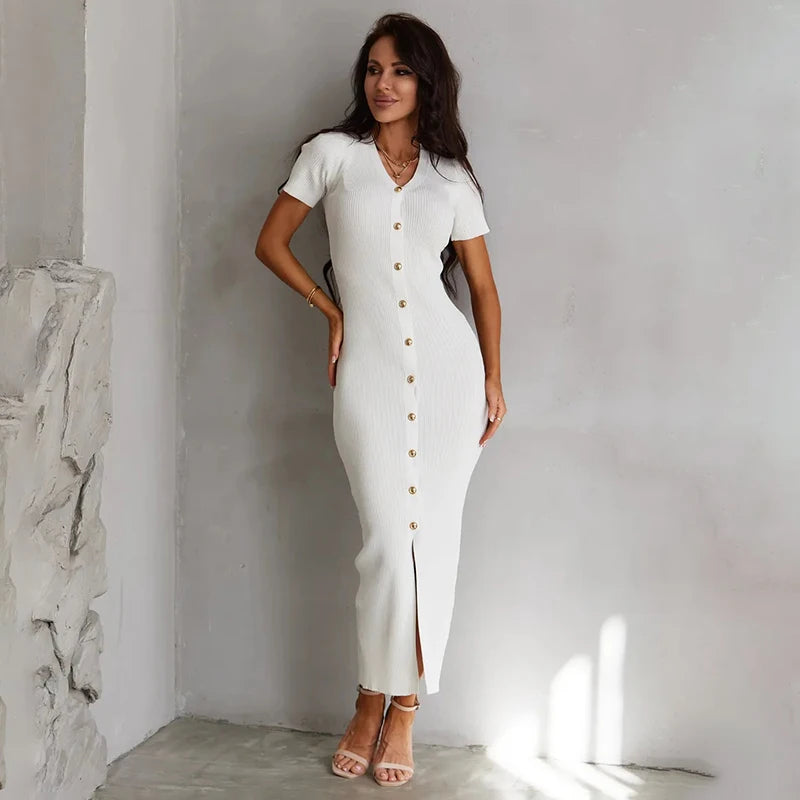 Glorol - Knitted V Neck Short Sleeve Slim Midi Dress