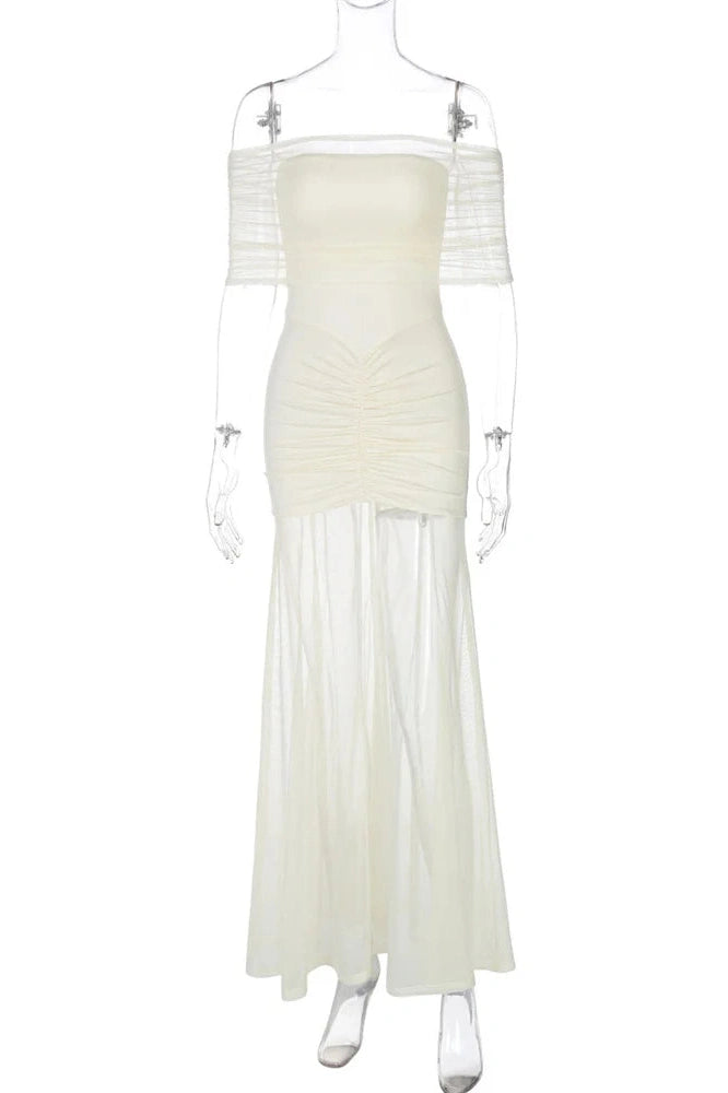 Glorol - See-Through Pleated Patchwork Off-Shoulder Maxi Dress