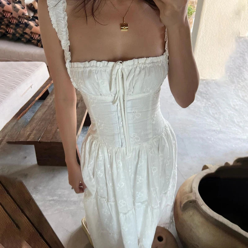 Glorol - Lace Up Square Collar High Waisted Maxi Dress