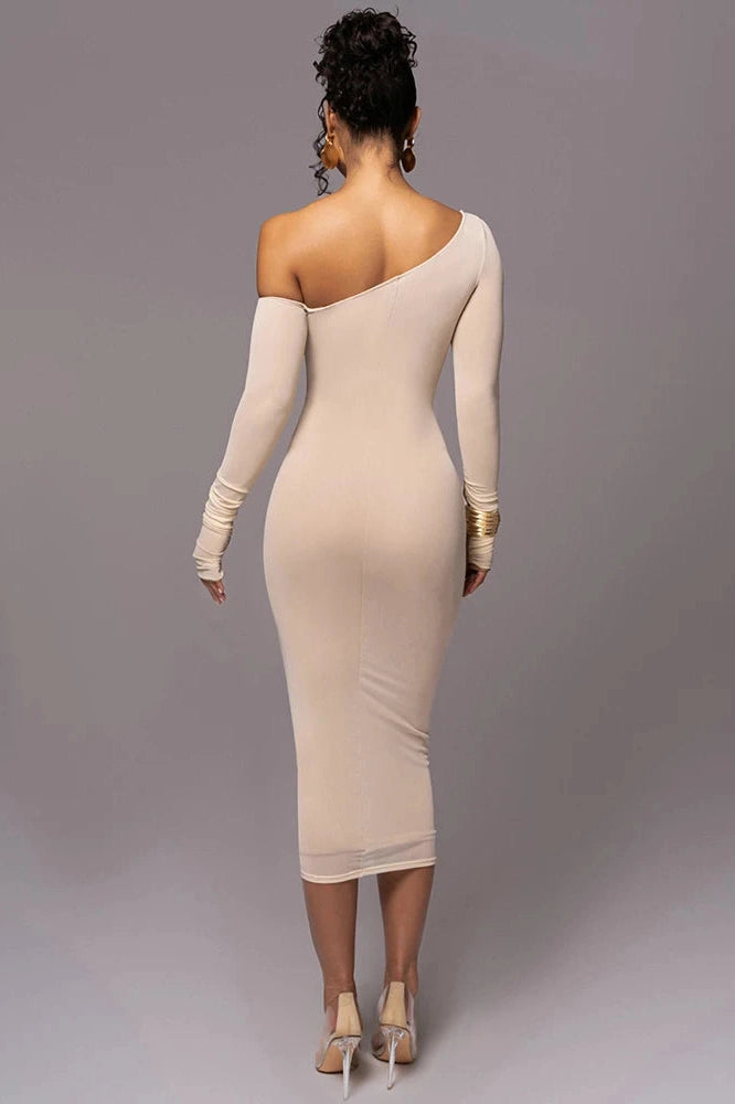 Glorol - Diagonal Collar Long Sleeve Backless Midi Dress
