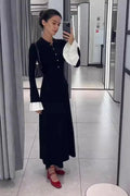 Glorol - Elegant Flare Sleeve Knitted High Waist Button Maxi Dress