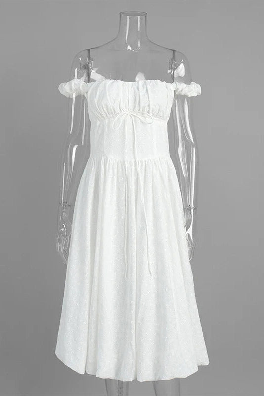 Glorol - Hollow Embroidery Off-Shoulder Slim Midi Dress