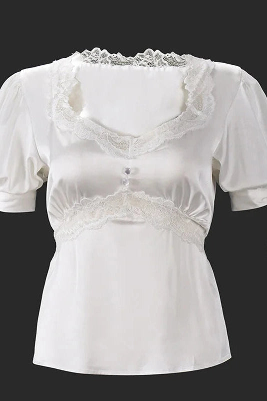 Glorol - Lace Hollow Out Patchwork Short Sleeve Top