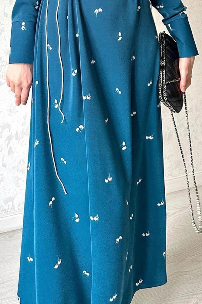 Glorol - Printed Slim Patchwork Lace-Up Long Sleeve Maxi Dress