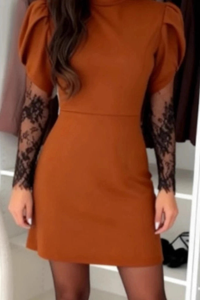 Glorol - O-Neck Lace Long Sleeve Slim High Waist Pleated A-Line Mini Dress