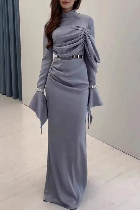 Glorol - Pleated Slim Long Sleeve High Waist Irregular Maxi Dress