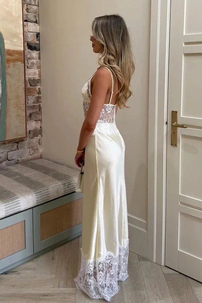 V-Neck Lace Patchwork See-Through Printed Maxi Dress