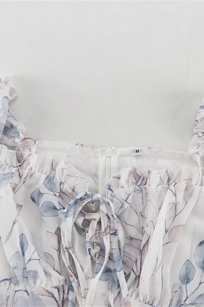 Glorol - Printed Lace-Up Square Collar Patchwork Mini Dress