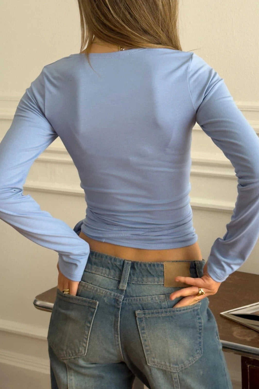 Glorol - Deep V-Neck Long Sleeve Slim Fit Top