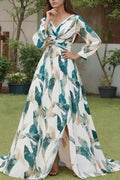 Glorol - Long Sleeve Printed Pleated V-Neck High Waist Maxi Dress