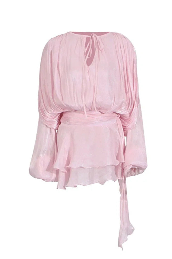 Glorol - Elegant Pleated Long Sleeve High Waist Mini Dress