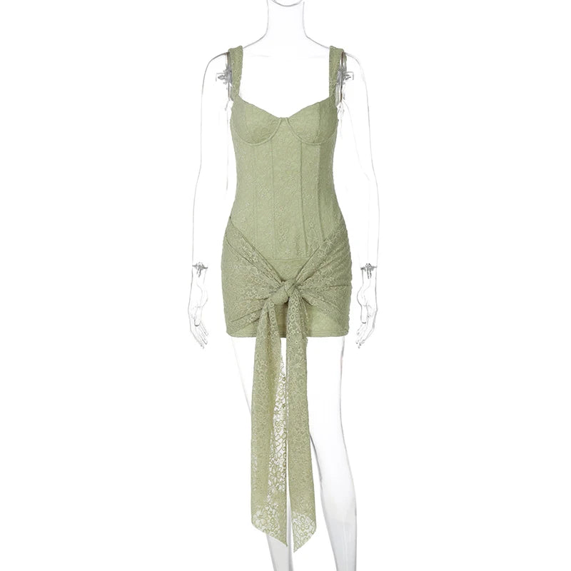 Glorol - Lace V Neck Sleeveless High Waist Mini Dress
