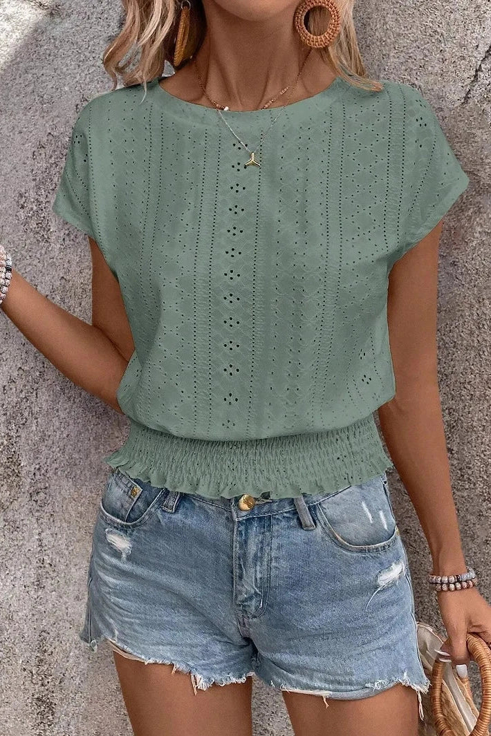 Glorol - Hollow Short-Sleeved O-Neck Top