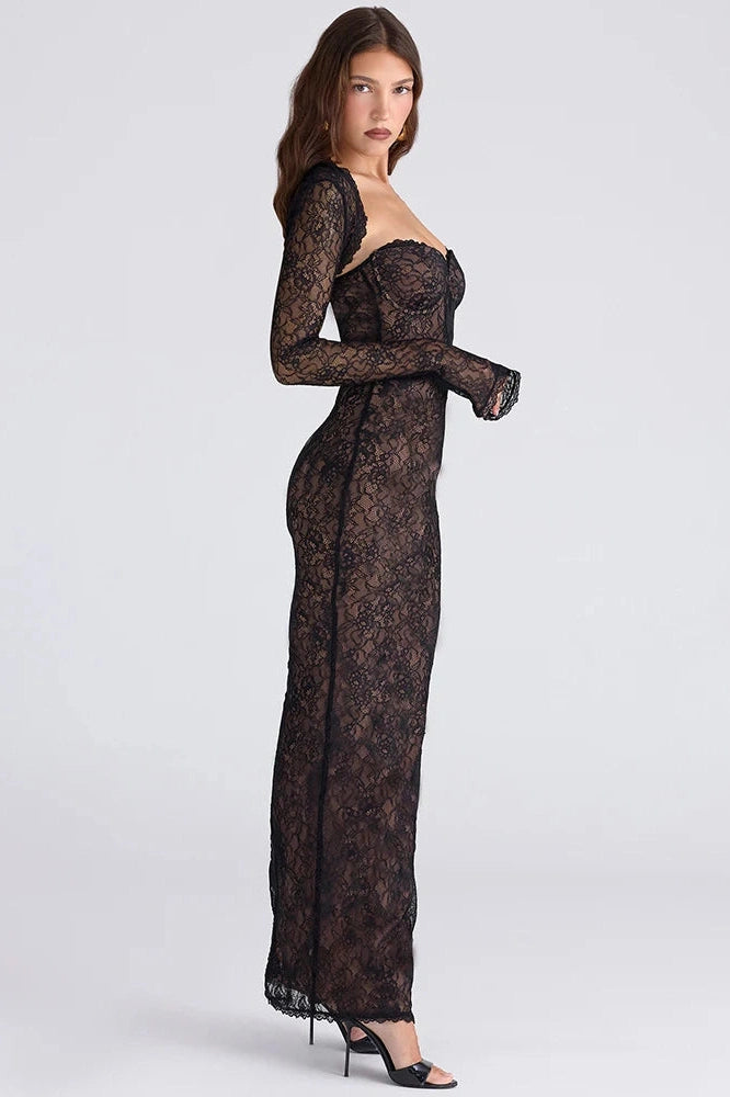 Glorol - Lace Long Sleeve Square Collar Strapless Split Bodycon Maxi Dress