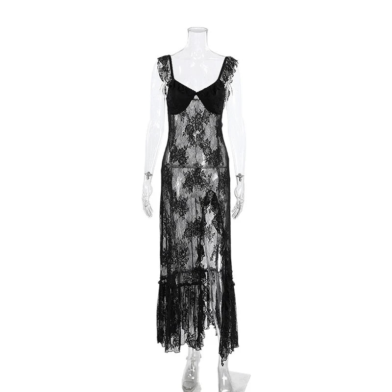 Glorol - Lace See Through Slit Slim Maxi Dress