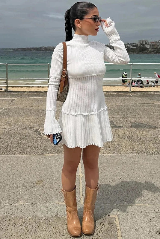 Glorol - Elegant Slim Knitted Turtleneck Sleeves High Waist Mini Dress