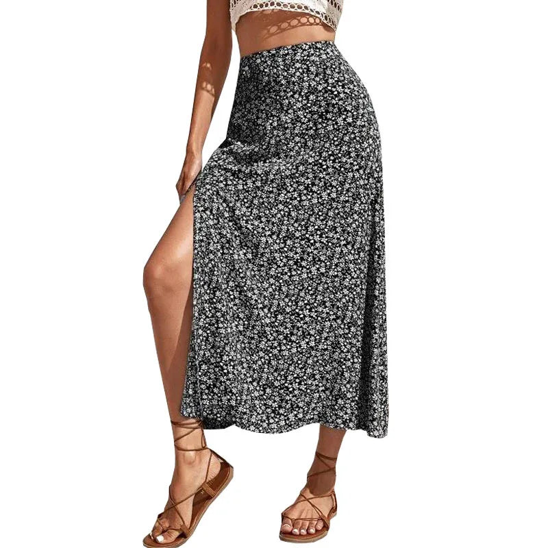 Glorol - Floral Cross-border Slit A-line Skirt