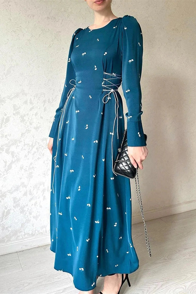 Glorol - Printed Slim Patchwork Lace-Up Long Sleeve Maxi Dress