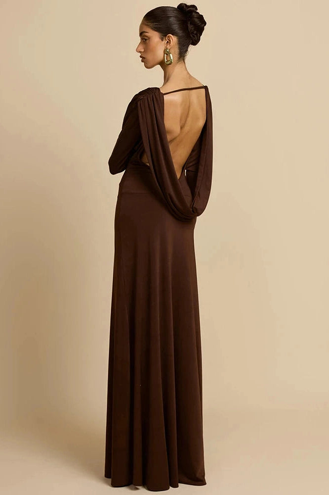 Glorol - Deep V Neck Backless Long Sleeve High Waist Maxi Dress