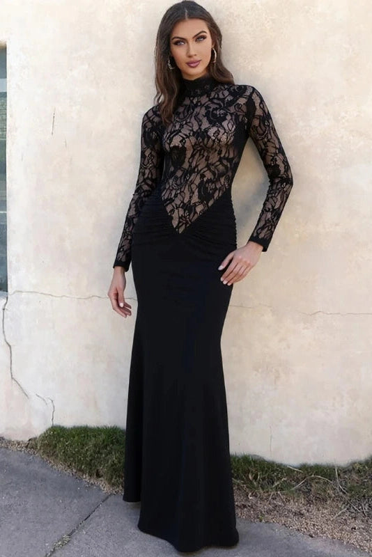 Glorol - Lace Slim See-Through Long-Sleeved High-Waisted Maxi Dress