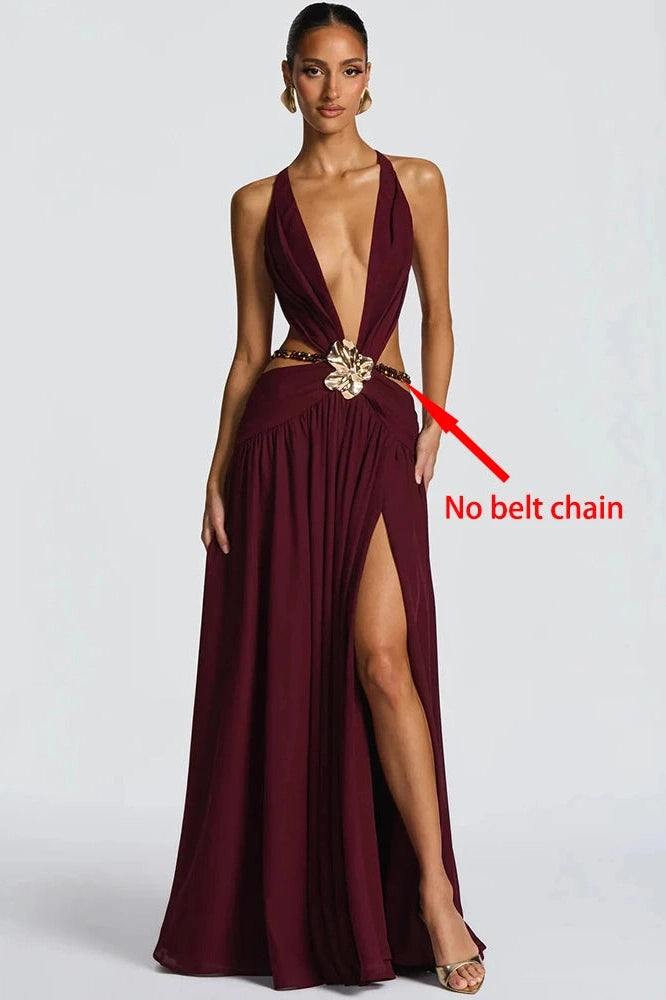Glorol - Hollow Out Deep V Neck Sleeveless Backless High Split Maxi Dress
