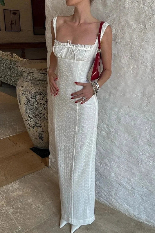 Hollow Out Lace Sleeveless Slim High Waist Pleated Maxi Dress