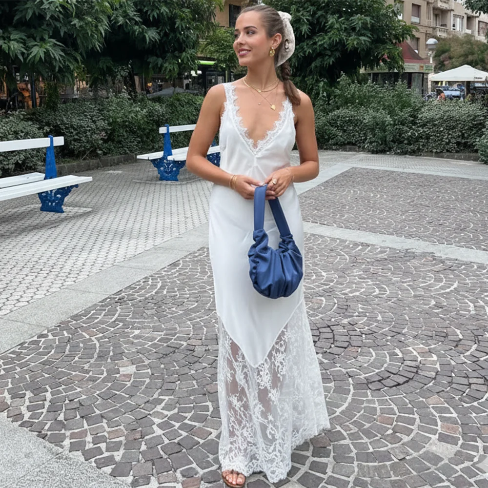 Glorol - Lace Patchwork V Neck See Through Sleeveless Maxi Dress