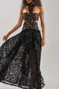 Glorol - Lace Hollow Out Sleeveless High Waist Pleated Maxi Dress